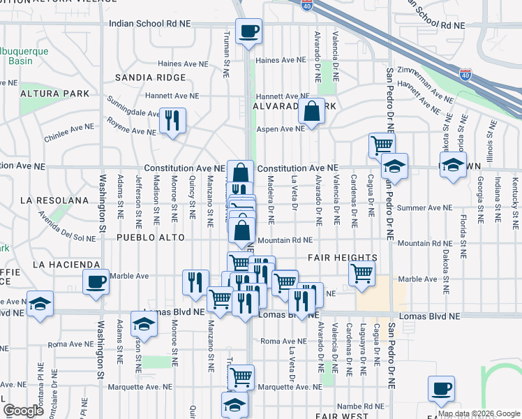 map of restaurants, bars, coffee shops, grocery stores, and more near 5312 Summer Avenue Northeast in Albuquerque