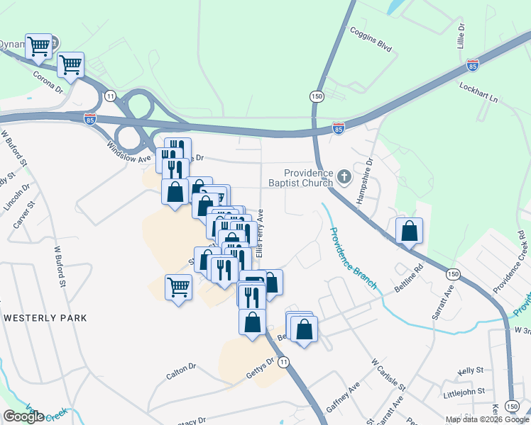 map of restaurants, bars, coffee shops, grocery stores, and more near 1 Ellis Ferry Avenue in Gaffney