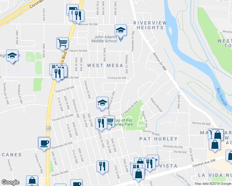 map of restaurants, bars, coffee shops, grocery stores, and more near 528 Loma Hermosa Drive Northwest in Albuquerque