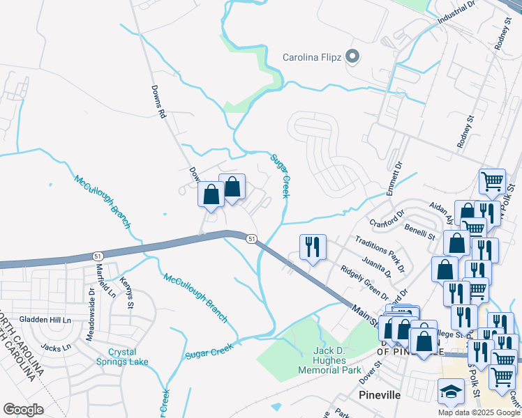 map of restaurants, bars, coffee shops, grocery stores, and more near 12825 Downs Circle in Pineville