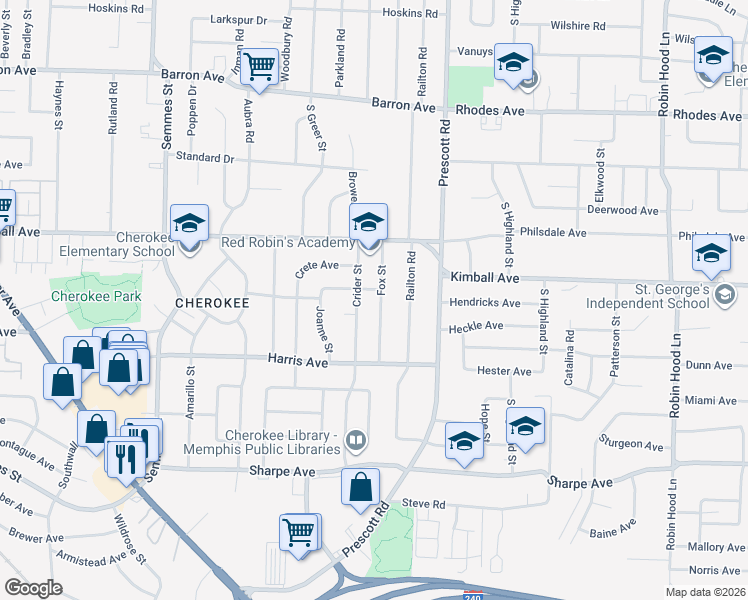 map of restaurants, bars, coffee shops, grocery stores, and more near 1433 Fox Street in Memphis