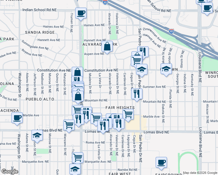 map of restaurants, bars, coffee shops, grocery stores, and more near 5512 Summer Avenue Northeast in Albuquerque