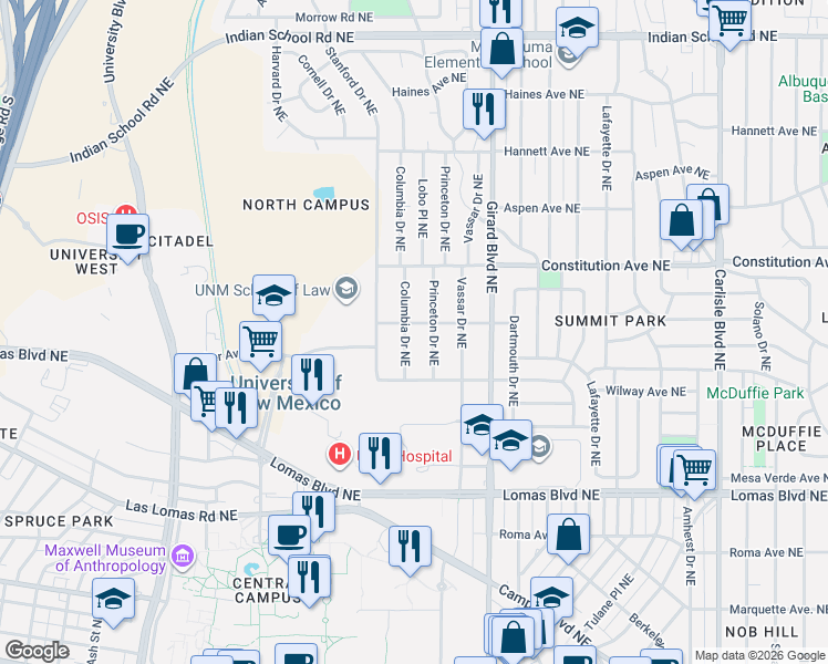 map of restaurants, bars, coffee shops, grocery stores, and more near 1039 Princeton Drive Northeast in Albuquerque
