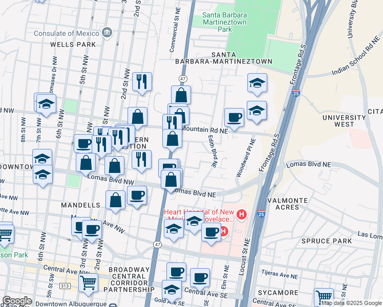 map of restaurants, bars, coffee shops, grocery stores, and more near 1016 Arno Street Northeast in Albuquerque