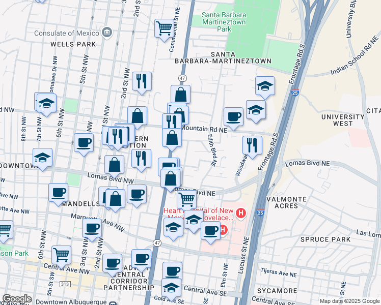 map of restaurants, bars, coffee shops, grocery stores, and more near 1016 Arno Street Northeast in Albuquerque