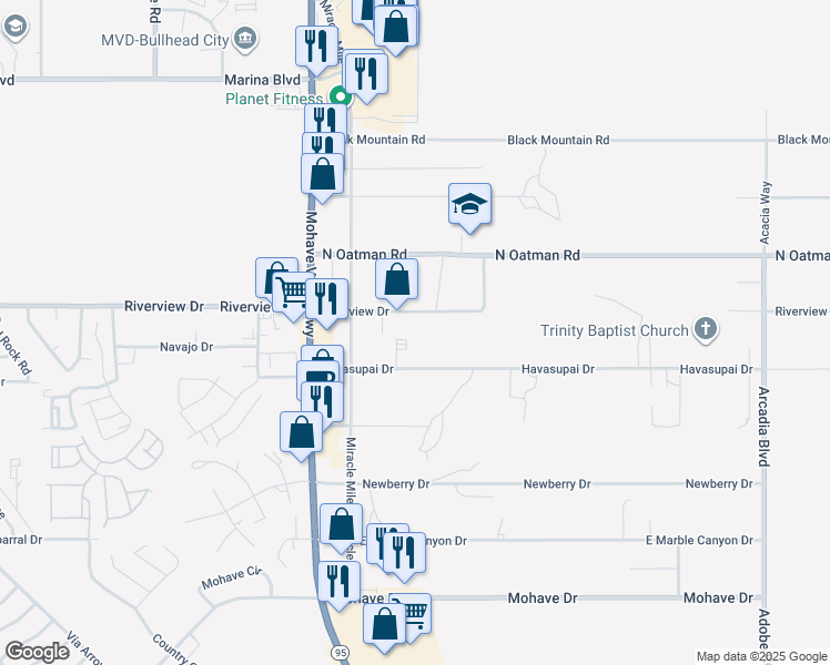 map of restaurants, bars, coffee shops, grocery stores, and more near 1627 Havasupai Drive in Bullhead City