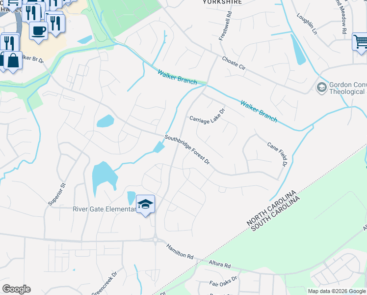 map of restaurants, bars, coffee shops, grocery stores, and more near 14016 Southbridge Forest Drive in Charlotte