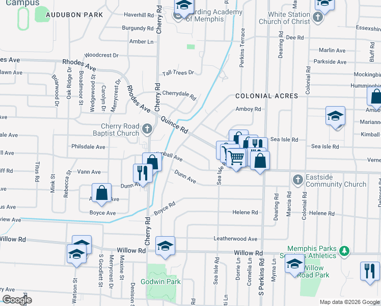 map of restaurants, bars, coffee shops, grocery stores, and more near 4475 Garnett Road in Memphis