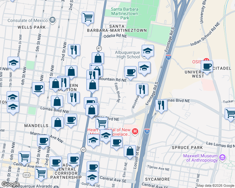 map of restaurants, bars, coffee shops, grocery stores, and more near 1009 Maggies Avenue Northeast in Albuquerque