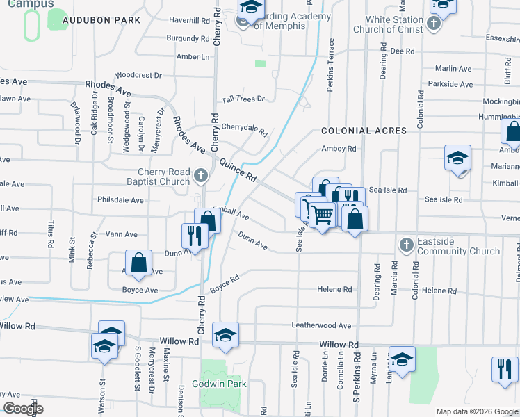 map of restaurants, bars, coffee shops, grocery stores, and more near 4475 Garnett Road in Memphis