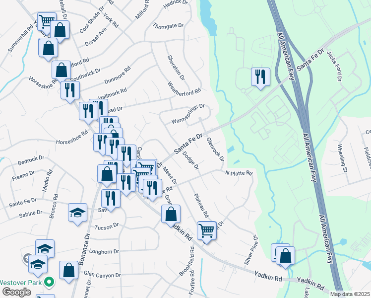 map of restaurants, bars, coffee shops, grocery stores, and more near 5514 Dodge Drive in Fayetteville