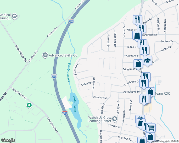 map of restaurants, bars, coffee shops, grocery stores, and more near 7635 Fletcher Avenue in Fayetteville