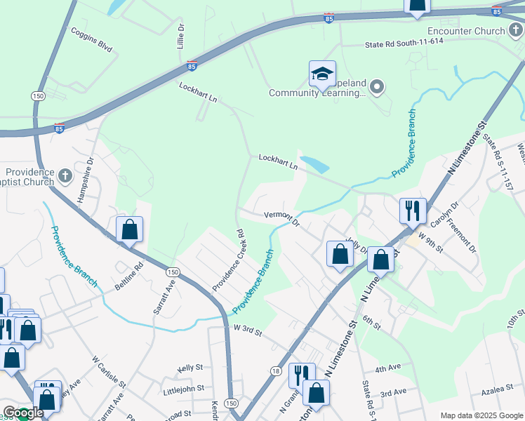 map of restaurants, bars, coffee shops, grocery stores, and more near 320 Vermont Drive in Gaffney