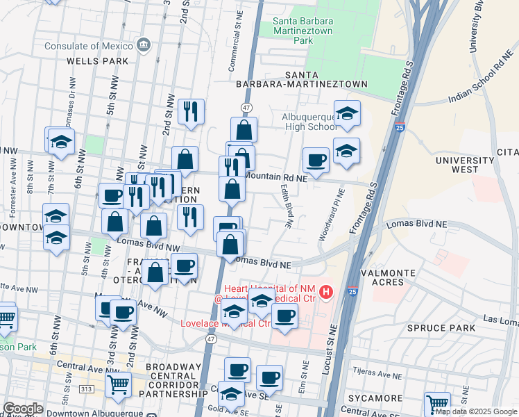 map of restaurants, bars, coffee shops, grocery stores, and more near 1016 Arno Street Northeast in Albuquerque