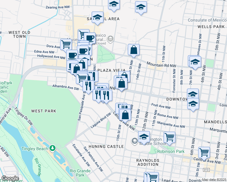 map of restaurants, bars, coffee shops, grocery stores, and more near 1612 Lomas Boulevard Northwest in Albuquerque