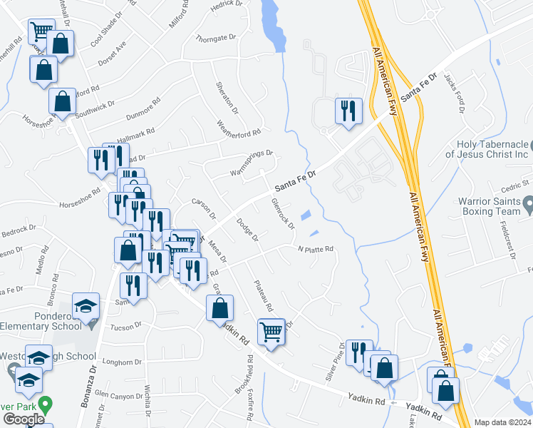 map of restaurants, bars, coffee shops, grocery stores, and more near 5512 Lariat Court in Fayetteville