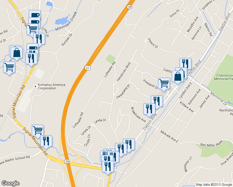 map of restaurants, bars, coffee shops, grocery stores, and more near 333 West Midvale Avenue in Chattanooga