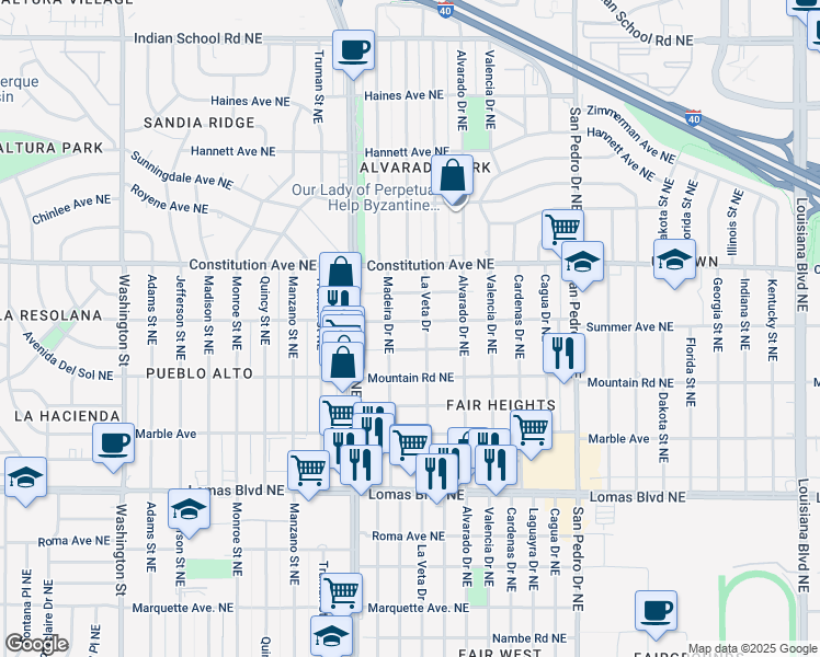 map of restaurants, bars, coffee shops, grocery stores, and more near 5412 Summer Avenue Northeast in Albuquerque