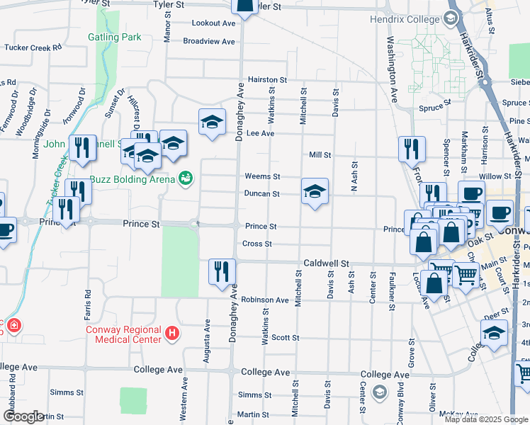 map of restaurants, bars, coffee shops, grocery stores, and more near 1011 Watkins Street in Conway