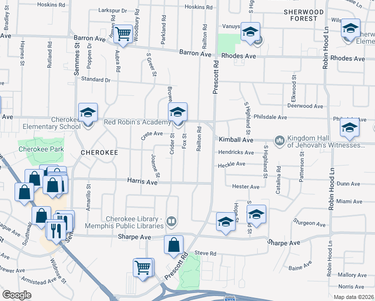 map of restaurants, bars, coffee shops, grocery stores, and more near 1428 Fox Street in Memphis