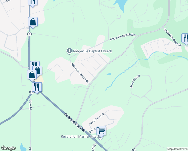 map of restaurants, bars, coffee shops, grocery stores, and more near 377 Trail Crossing Lane in Inman