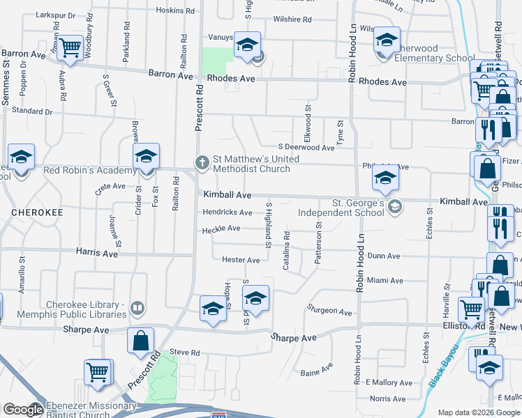 map of restaurants, bars, coffee shops, grocery stores, and more near 3518 Hendricks Avenue in Memphis