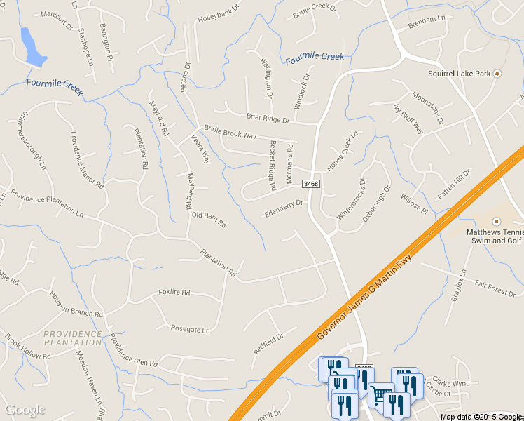 map of restaurants, bars, coffee shops, grocery stores, and more near 7019 Edenderry Drive in Charlotte