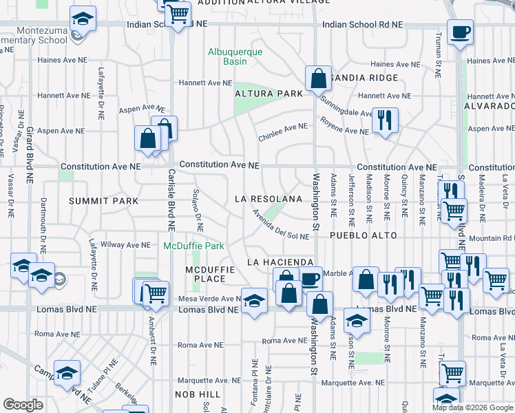 map of restaurants, bars, coffee shops, grocery stores, and more near 922 Avenida Del Sol Northeast in Albuquerque