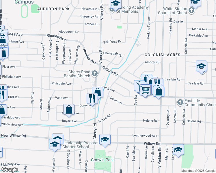 map of restaurants, bars, coffee shops, grocery stores, and more near 1434 Flamingo Road in Memphis