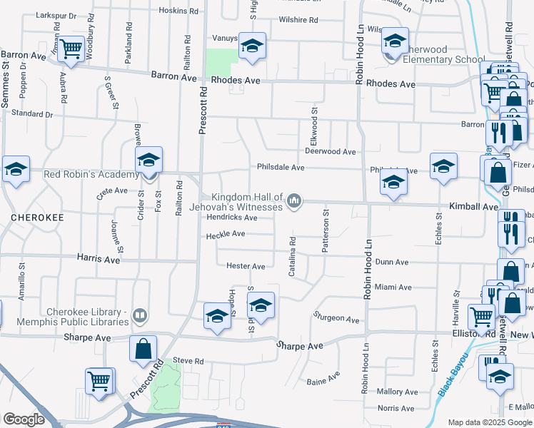 map of restaurants, bars, coffee shops, grocery stores, and more near 3500 Hendricks Avenue in Memphis