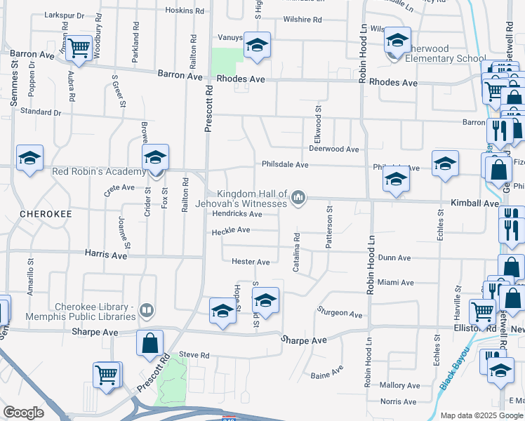 map of restaurants, bars, coffee shops, grocery stores, and more near 3500 Hendricks Avenue in Memphis
