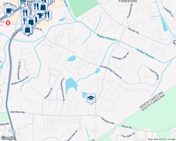 map of restaurants, bars, coffee shops, grocery stores, and more near 15931 Harbor Hill Drive in Charlotte