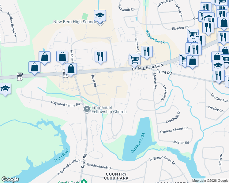 map of restaurants, bars, coffee shops, grocery stores, and more near 111 Belles Way in New Bern