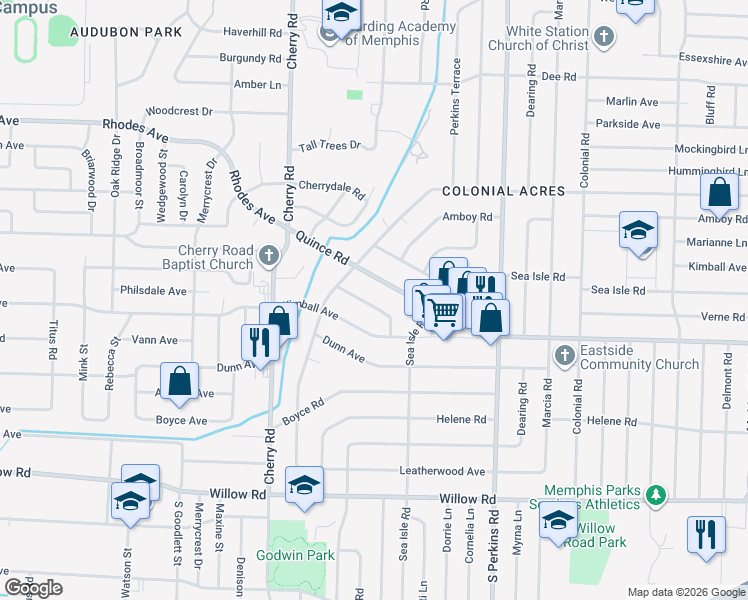 map of restaurants, bars, coffee shops, grocery stores, and more near 4475 Garnett Road in Memphis