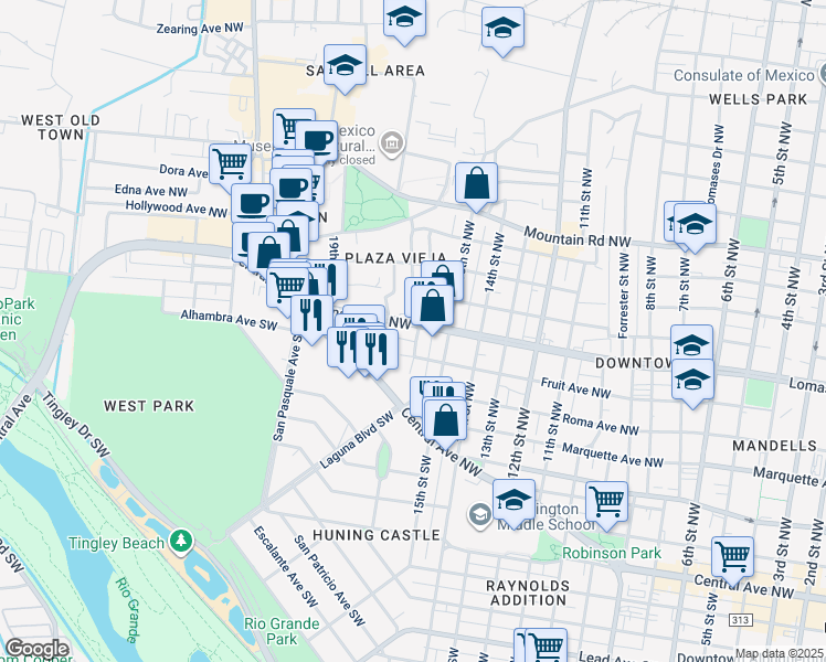 map of restaurants, bars, coffee shops, grocery stores, and more near 1612 Lomas Boulevard Northwest in Albuquerque