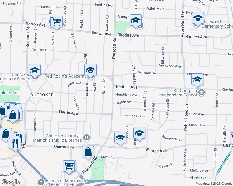 map of restaurants, bars, coffee shops, grocery stores, and more near 3414 Hendricks Avenue in Memphis