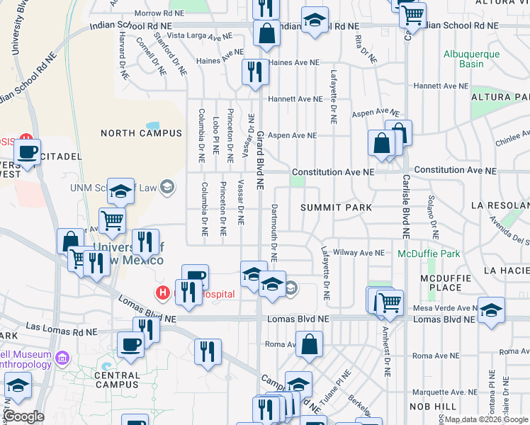 map of restaurants, bars, coffee shops, grocery stores, and more near 1029 Dartmouth Drive Northeast in Albuquerque