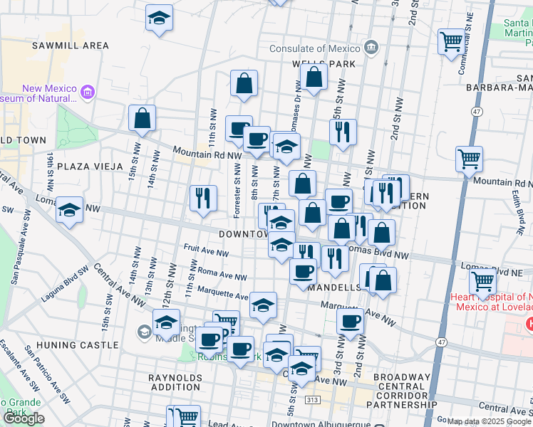 map of restaurants, bars, coffee shops, grocery stores, and more near 707 Slate Avenue Northwest in Albuquerque