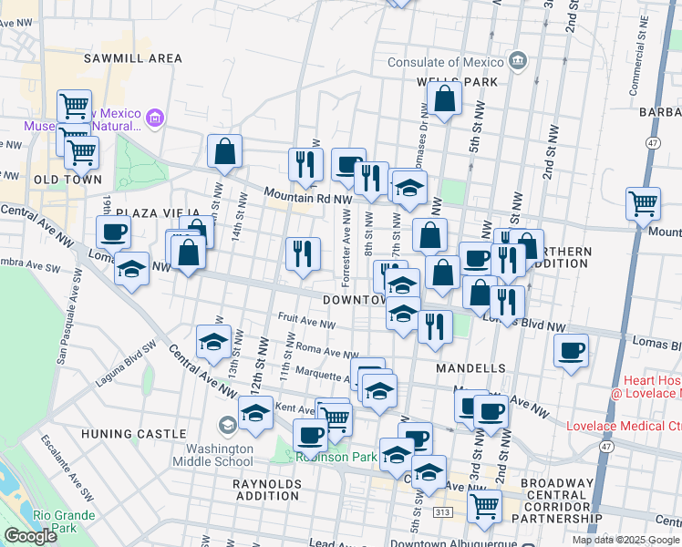 map of restaurants, bars, coffee shops, grocery stores, and more near 824 Forrester Avenue Northwest in Albuquerque