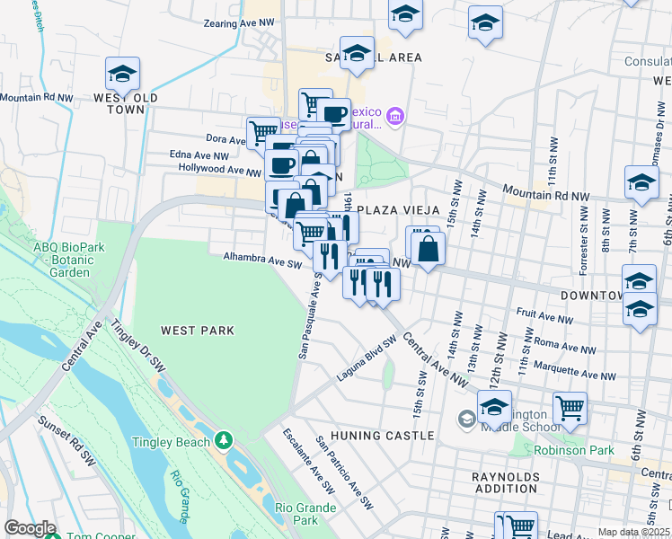 map of restaurants, bars, coffee shops, grocery stores, and more near 1820 Lomas Boulevard Northwest in Albuquerque