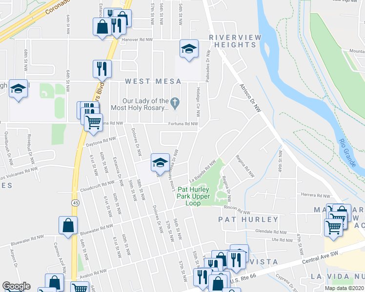 map of restaurants, bars, coffee shops, grocery stores, and more near 528 Loma Hermosa Drive Northwest in Albuquerque