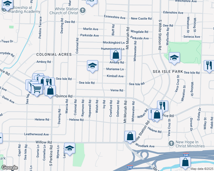 map of restaurants, bars, coffee shops, grocery stores, and more near 1434 Ivy Road in Memphis