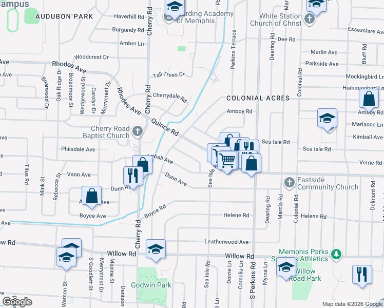 map of restaurants, bars, coffee shops, grocery stores, and more near 4475 Garnett Road in Memphis