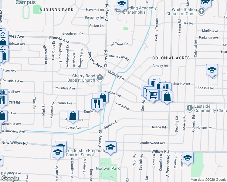 map of restaurants, bars, coffee shops, grocery stores, and more near 1434 Flamingo Road in Memphis