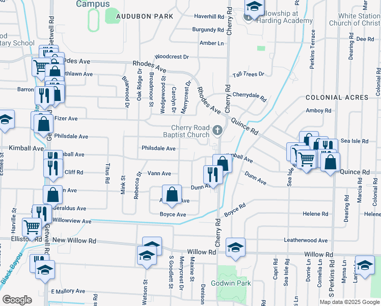 map of restaurants, bars, coffee shops, grocery stores, and more near 4288 Kimball Avenue in Memphis