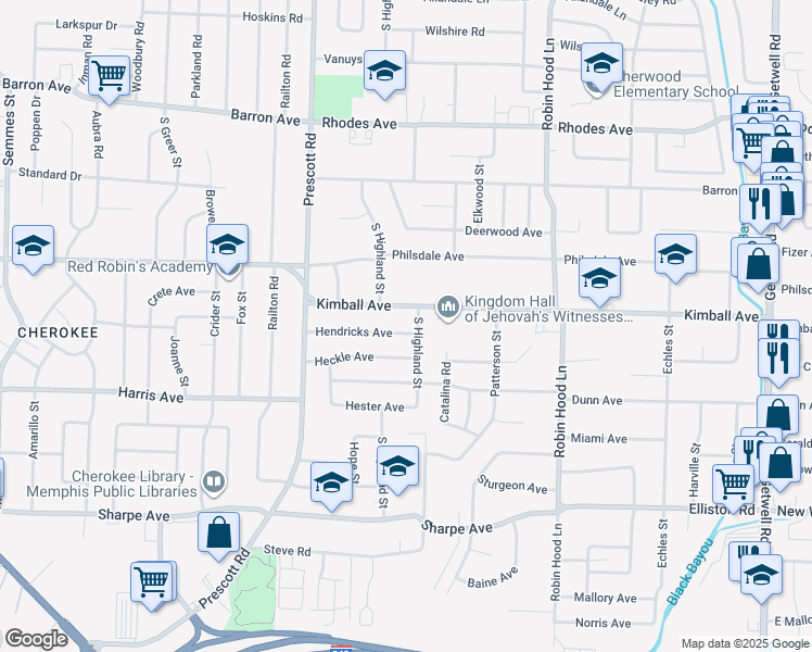map of restaurants, bars, coffee shops, grocery stores, and more near 3500 Hendricks Avenue in Memphis