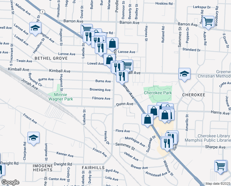 map of restaurants, bars, coffee shops, grocery stores, and more near 1922 Pendleton Street in Memphis