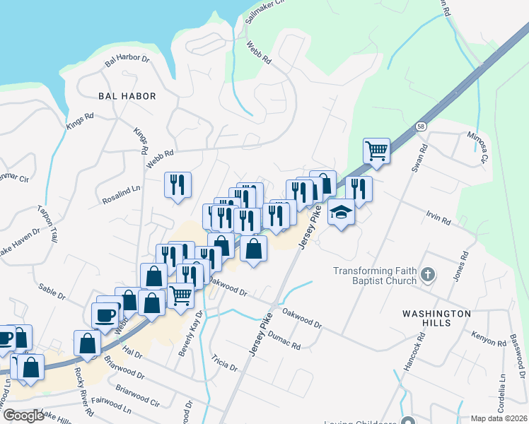 map of restaurants, bars, coffee shops, grocery stores, and more near 4839 Tennessee 58 in Chattanooga