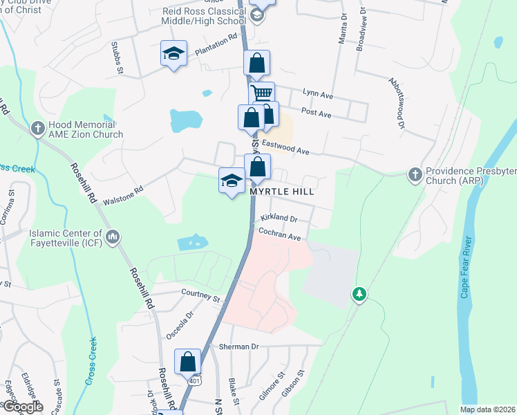 map of restaurants, bars, coffee shops, grocery stores, and more near 2510 Ramsey Street in Fayetteville