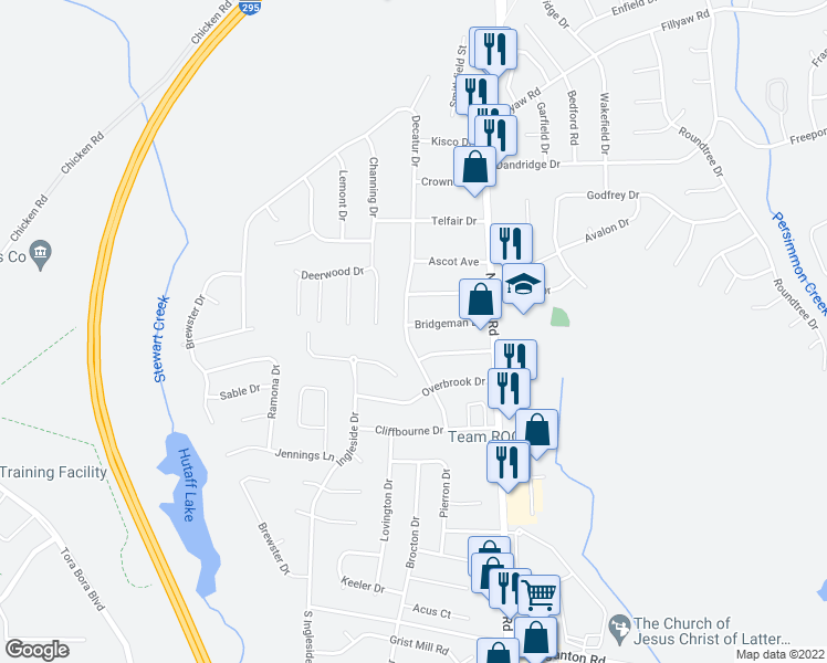 map of restaurants, bars, coffee shops, grocery stores, and more near 7537 Bridgeman Drive in Fayetteville